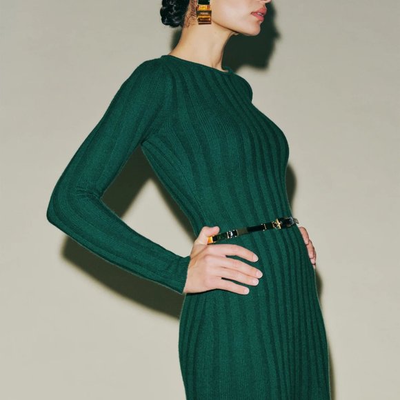 REFORMATION Evan Cashmere Green Ribbed Knit Long Sleeve Sweater Dress with tags - Picture 3 of 11